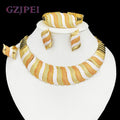 GZJPEI Three Tone Jewelry Set Africal Dubai Women Necklace Wide Bracelet Earrings Ring For Bridal Wedding Jewellery Gifts