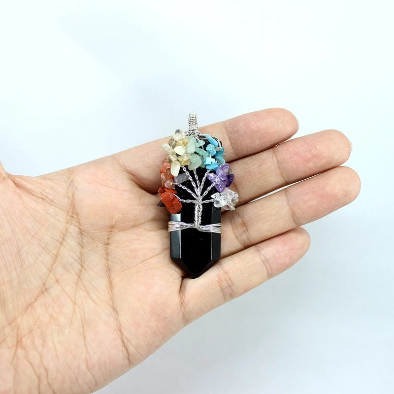 Natural Stone Pendant 7 Chakras Tree Of Life Wire Wrap Sword Crystal Quartz For Jewelry Making Men Women Necklace Accessories