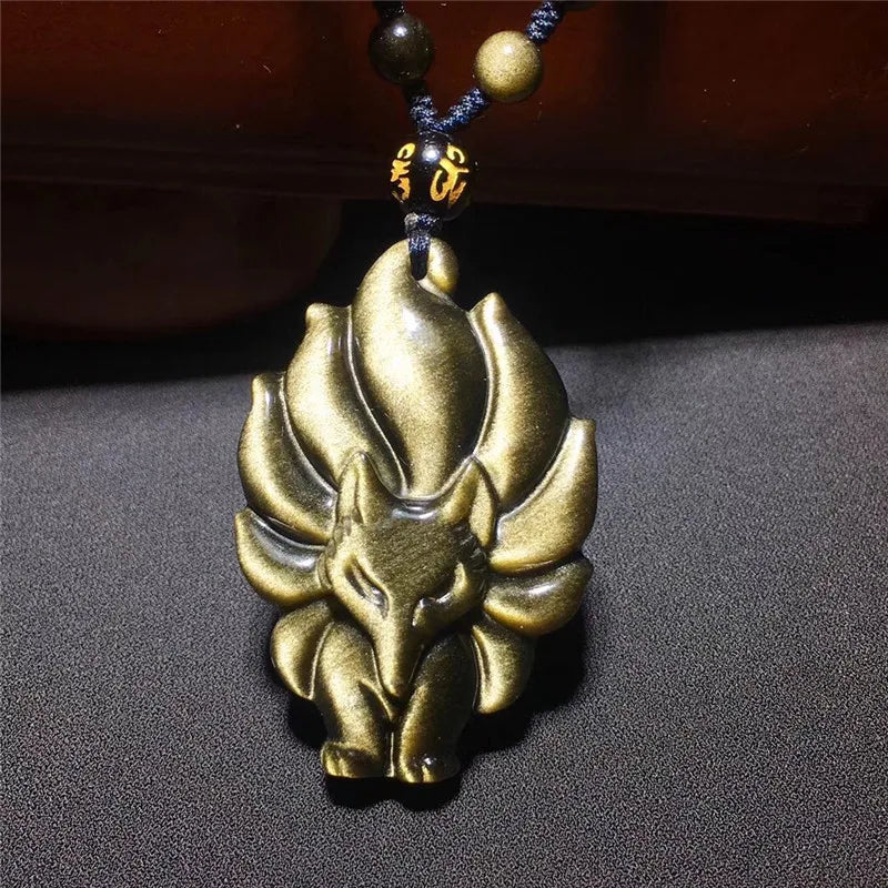 Natural Chinese Rainbow Eye Obsidian Hand Carved Nine Tail Fox Pendant Fashion Jewelry Men and Women Necklace Popular Gift