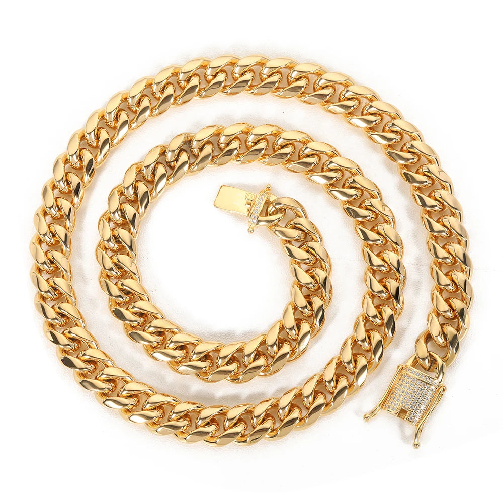 12mm Trendy Jewelry 316L Stainless Steel 18k Gold Plated Miami Cuban Curb Link Chain Men Women Necklace