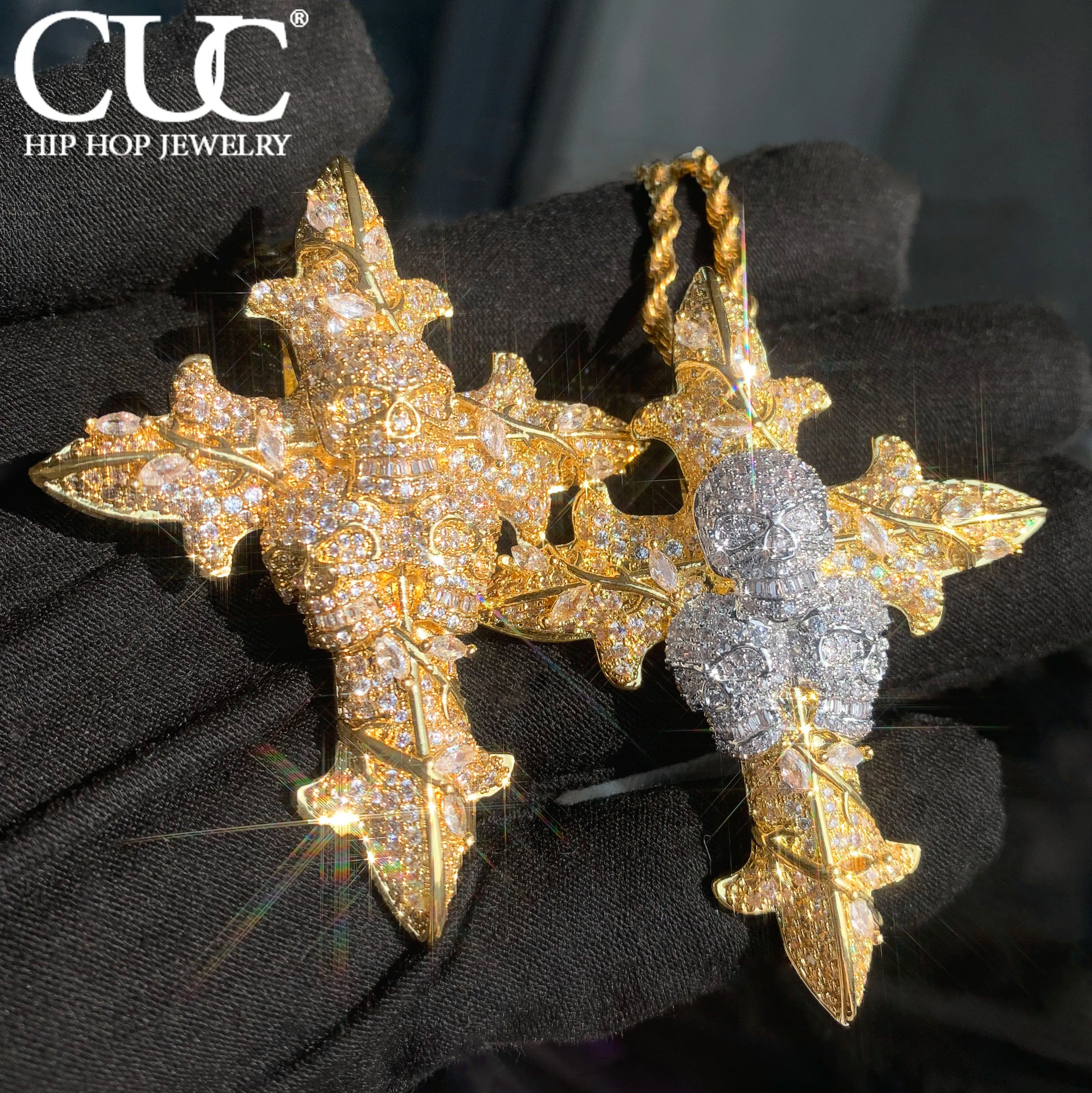 CUC Skull Cross Hip Hop Pendant Men Women Necklace Gold Silver Color Chain