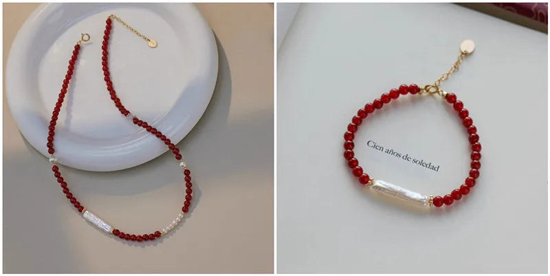 New Arrival Natural Freshwater Pearl & Red Agate 14K Gold Filled Female Jewelry Sets For Women Necklace Bracelet Birthday Gifts