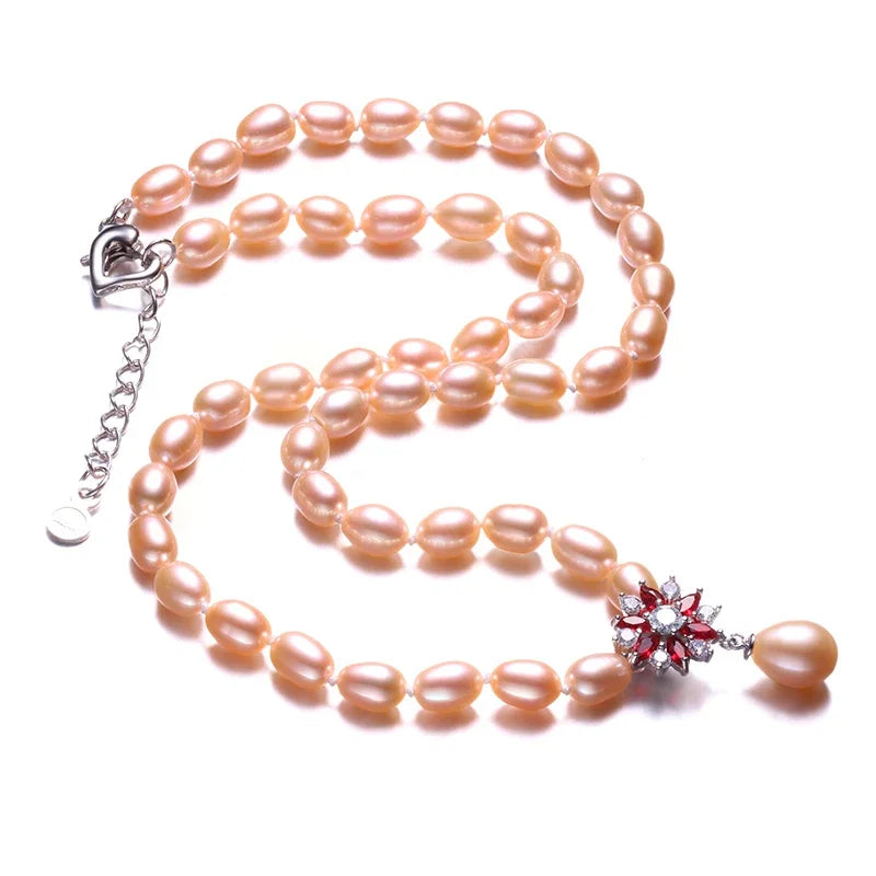 Beautiful Red Flower 925 Sterling Silver Pearl Necklace,White/Pink/Purple Natural Freshwater Pearl,Fine Jewelry Women Necklace