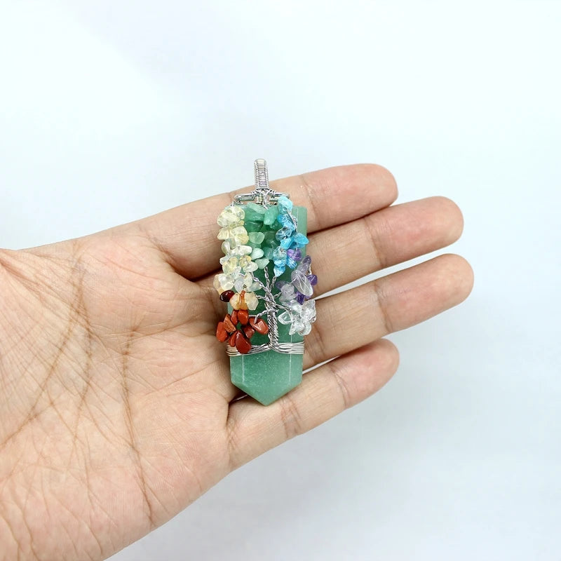 Natural Stone Pendant 7 Chakras Tree Of Life Wire Wrap Sword Crystal Quartz For Jewelry Making Men Women Necklace Accessories