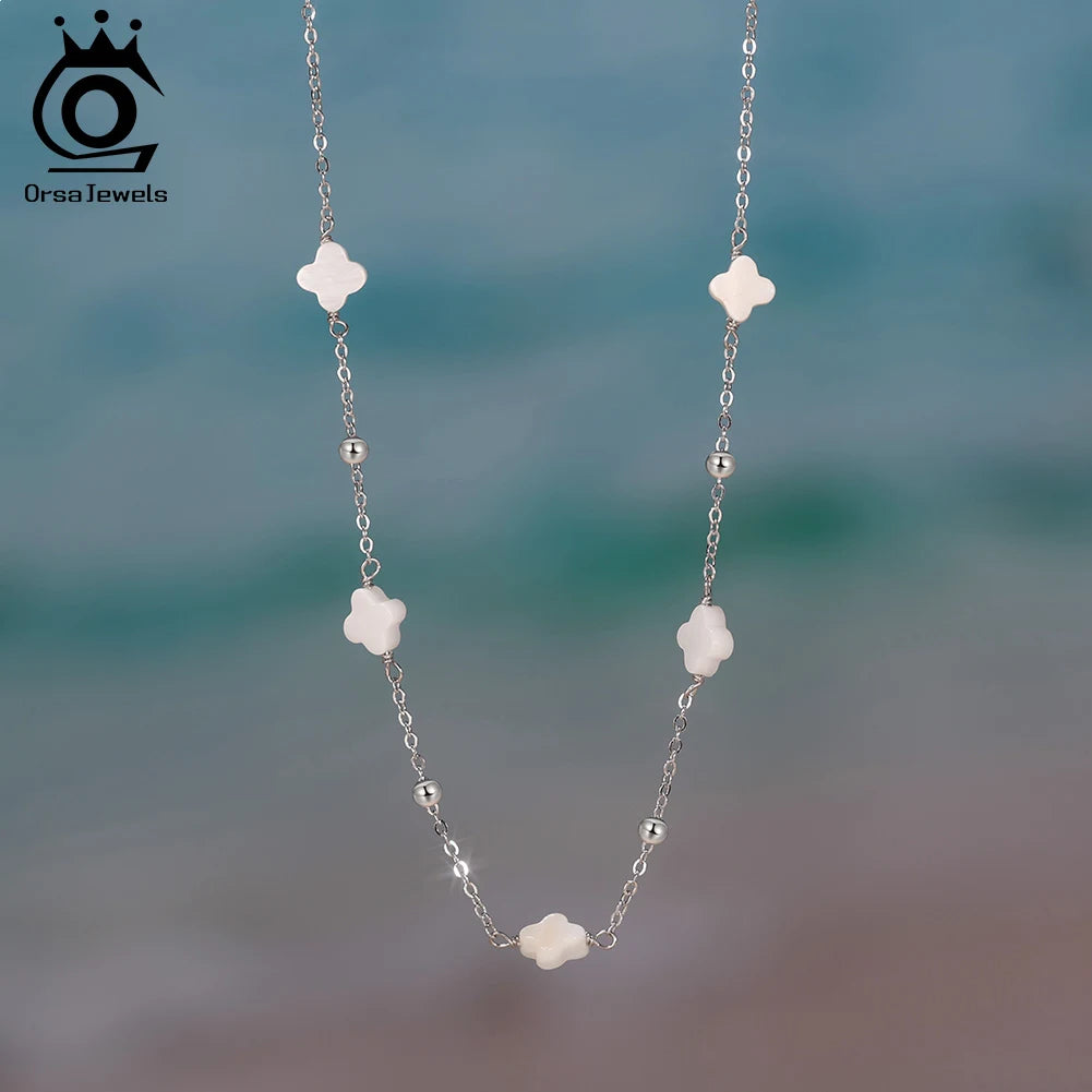 ORSA JEWELS 14K Gold Plated 925 Sterling Silver Shell Cable Chain Choker Four Leaf Clover Women Necklace Jewelry Wholesale GMN58