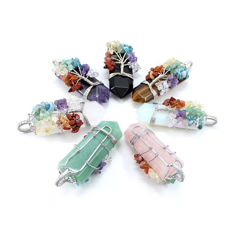 Natural Stone Pendant 7 Chakras Tree Of Life Wire Wrap Sword Crystal Quartz For Jewelry Making Men Women Necklace Accessories