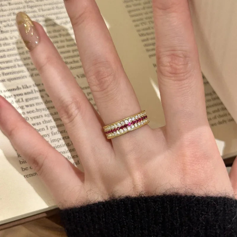Light luxury High quality color surround ruby three row diamond rings for women necklace fashion wedding retro jewelry sets