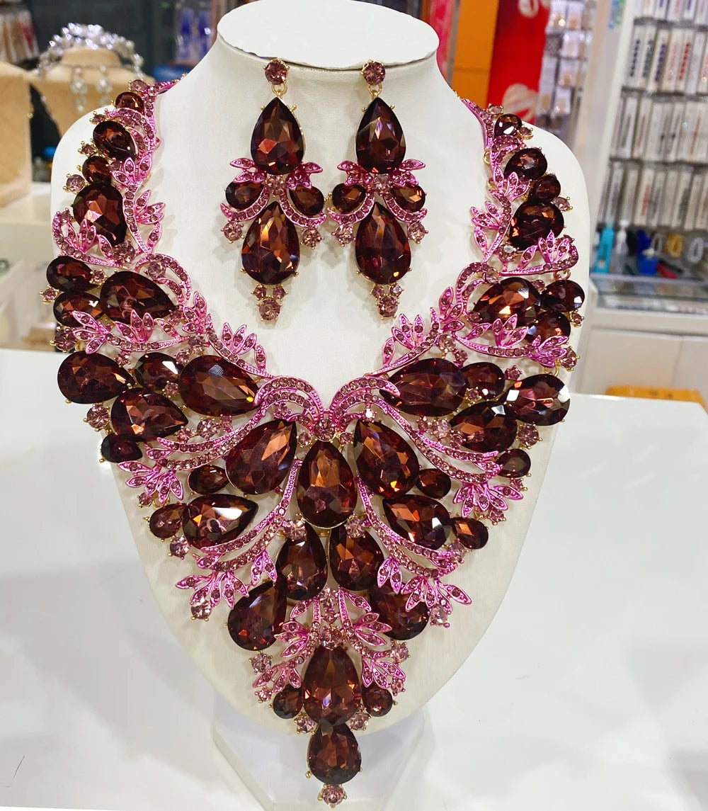 Jewelry Sets Multicolor Bridal Wedding Big Crystal Dubai Gold Color Jewelry Sets For Women Necklace Earrings