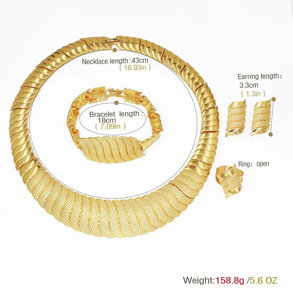 GZJPEI Three Tone Jewelry Set Africal Dubai Women Necklace Wide Bracelet Earrings Ring For Bridal Wedding Jewellery Gifts