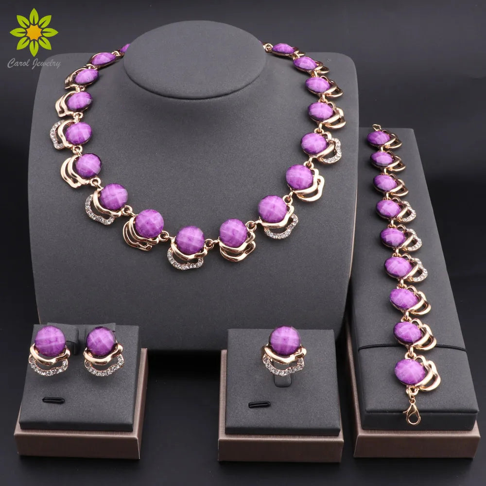Gold Plated Jewelry Set Vintage Women Necklace Earrings Purple Resin Bracelet And Ring 2024 New Design