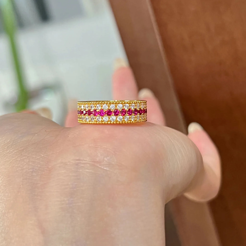 Light luxury High quality color surround ruby three row diamond rings for women necklace fashion wedding retro jewelry sets