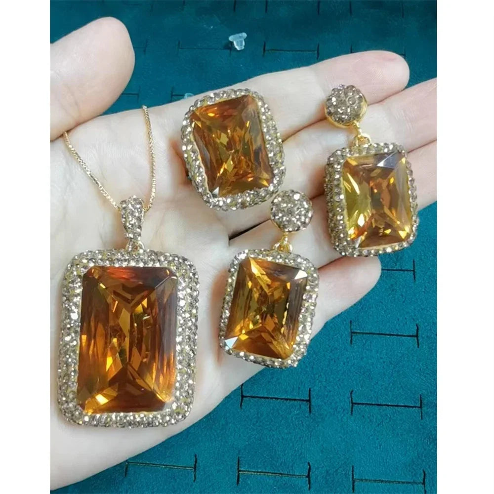 Large Colored Change Sultanite Crystal Bangle Rings Sets for Women Necklace Earring Rings Golden Copper Zultanite Quartz Jewelry