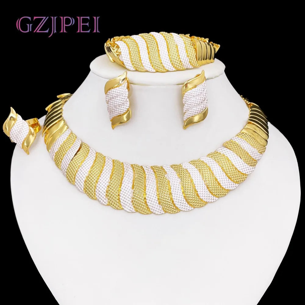 GZJPEI Three Tone Jewelry Set Africal Dubai Women Necklace Wide Bracelet Earrings Ring For Bridal Wedding Jewellery Gifts