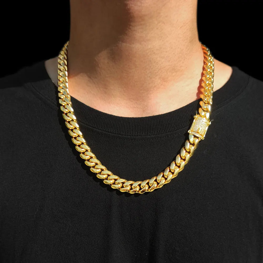 12mm Trendy Jewelry 316L Stainless Steel 18k Gold Plated Miami Cuban Curb Link Chain Men Women Necklace