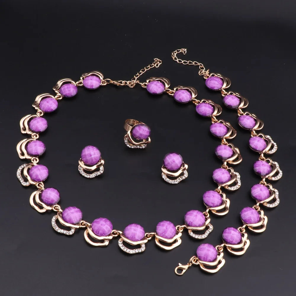 Gold Plated Jewelry Set Vintage Women Necklace Earrings Purple Resin Bracelet And Ring 2024 New Design