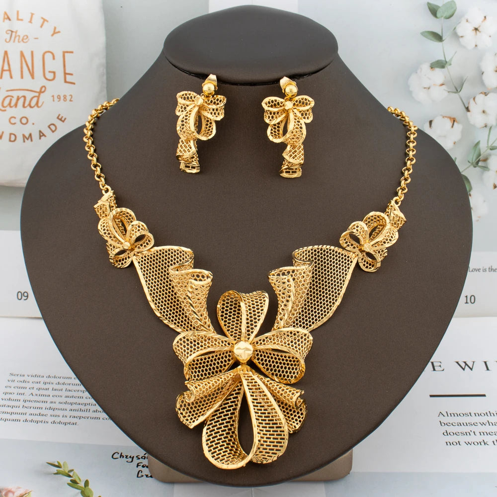 Women Necklace Earrings Italy Fashion Luxury Jewelry Set Bud Large Pendant Earrings Gold Plated Nigeria Dubai Party Jewelry Gift