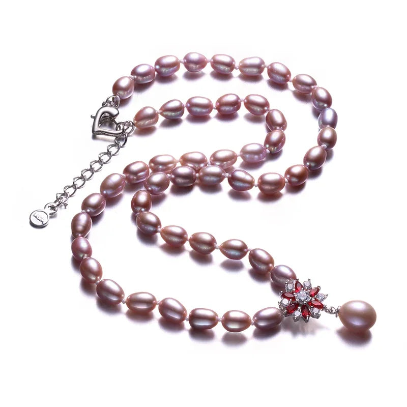 Beautiful Red Flower 925 Sterling Silver Pearl Necklace,White/Pink/Purple Natural Freshwater Pearl,Fine Jewelry Women Necklace