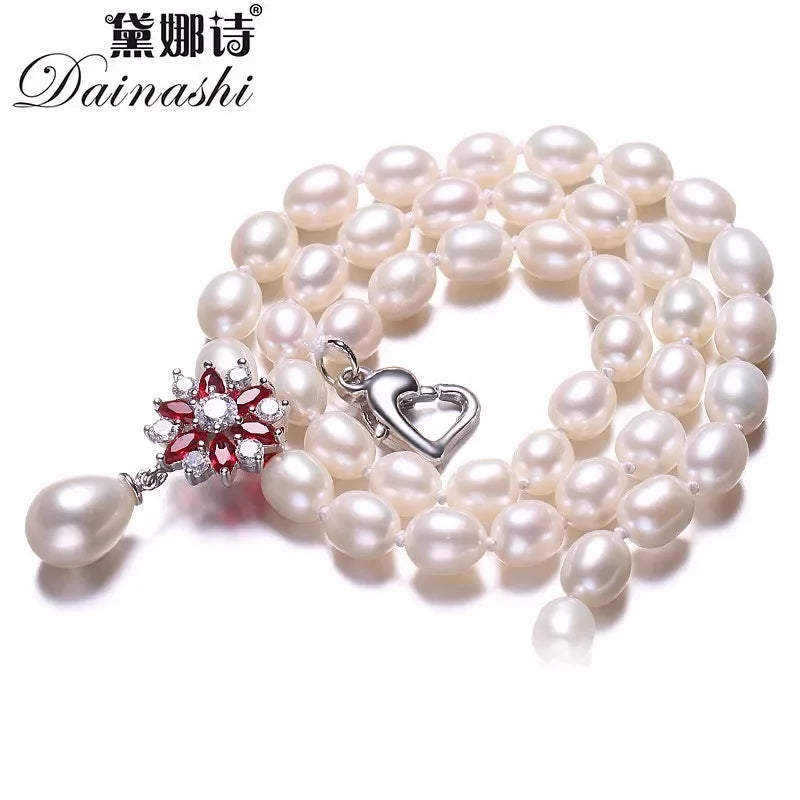 Beautiful Red Flower 925 Sterling Silver Pearl Necklace,White/Pink/Purple Natural Freshwater Pearl,Fine Jewelry Women Necklace