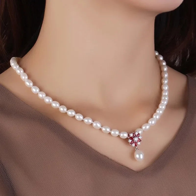 Beautiful Red Flower 925 Sterling Silver Pearl Necklace,White/Pink/Purple Natural Freshwater Pearl,Fine Jewelry Women Necklace