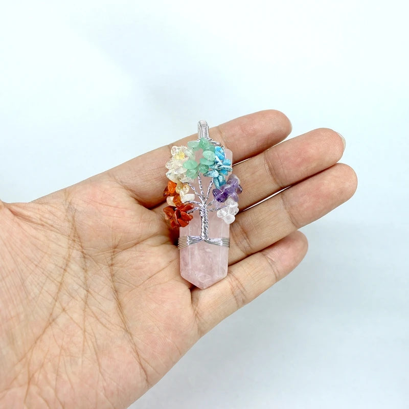 Natural Stone Pendant 7 Chakras Tree Of Life Wire Wrap Sword Crystal Quartz For Jewelry Making Men Women Necklace Accessories