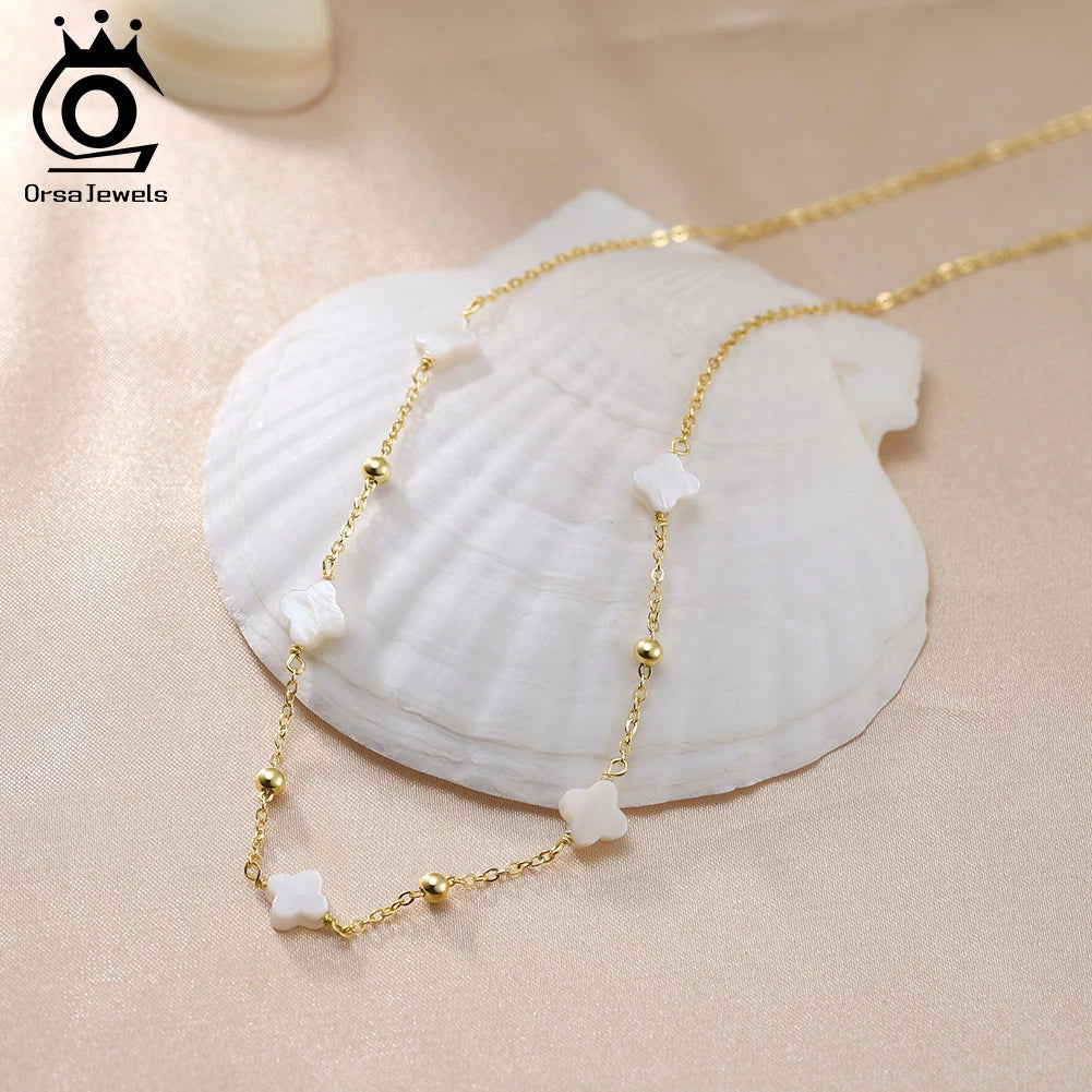 ORSA JEWELS 14K Gold Plated 925 Sterling Silver Shell Cable Chain Choker Four Leaf Clover Women Necklace Jewelry Wholesale GMN58