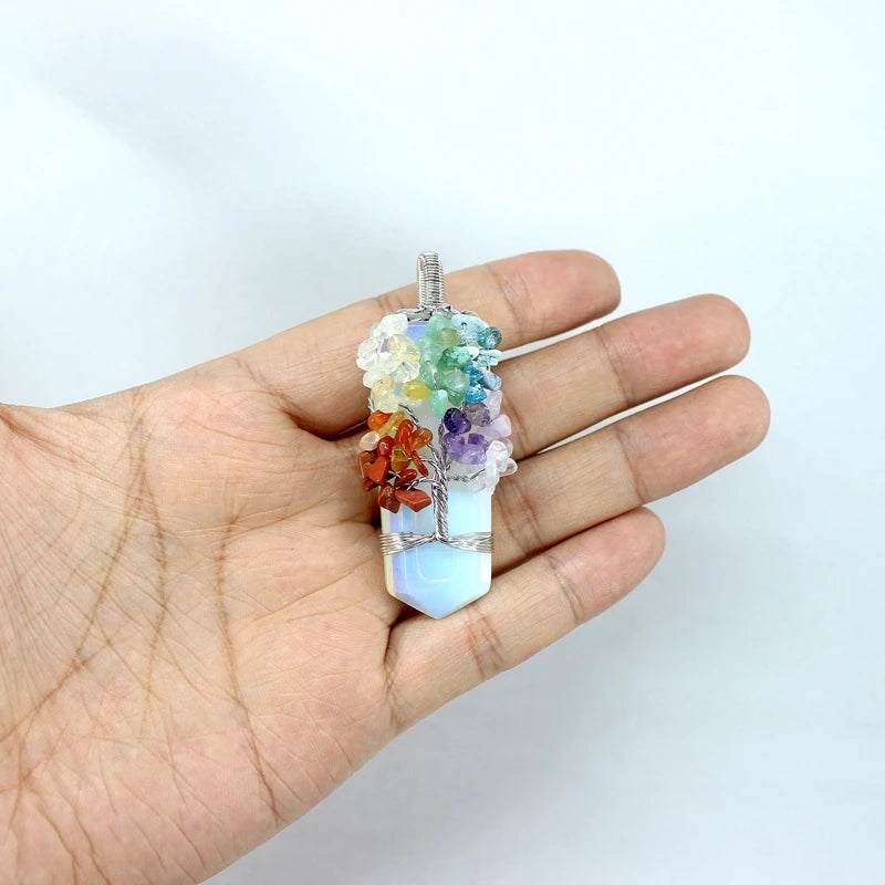 Natural Stone Pendant 7 Chakras Tree Of Life Wire Wrap Sword Crystal Quartz For Jewelry Making Men Women Necklace Accessories