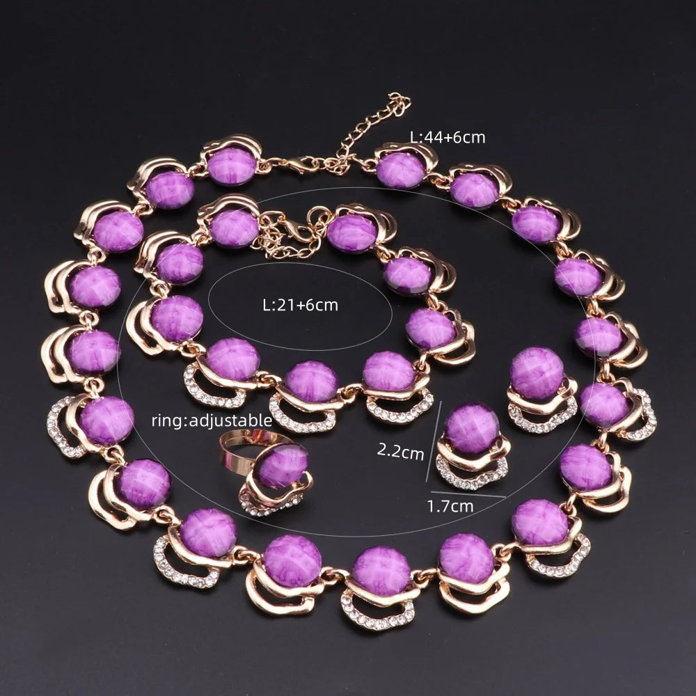Gold Plated Jewelry Set Vintage Women Necklace Earrings Purple Resin Bracelet And Ring 2024 New Design
