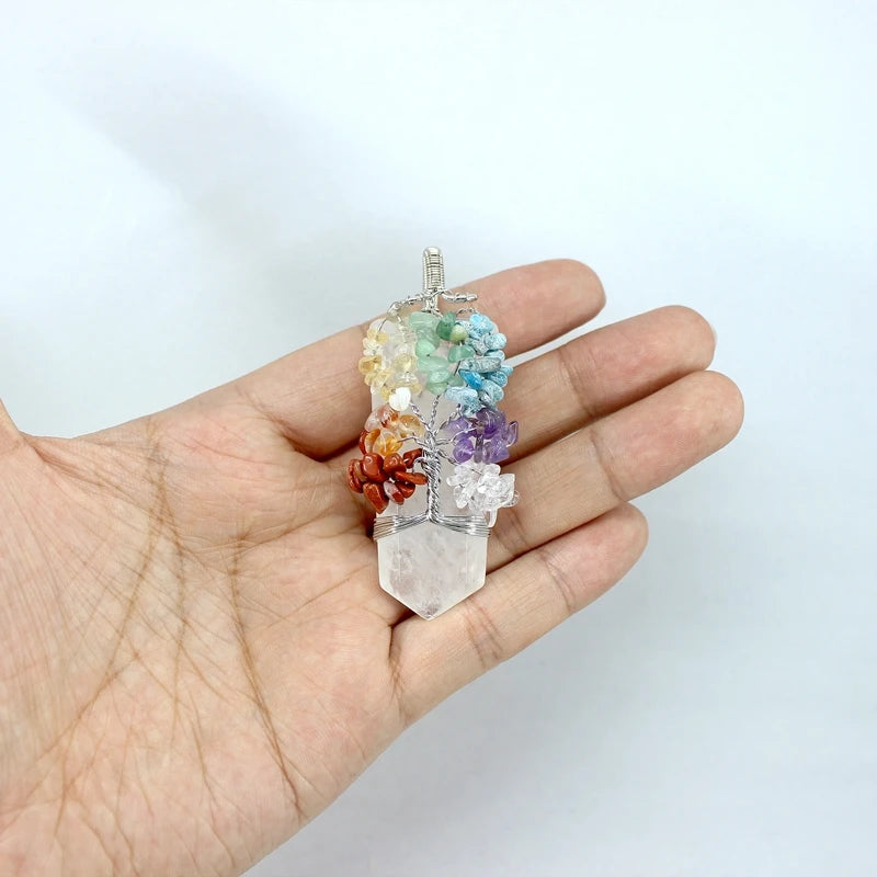 Natural Stone Pendant 7 Chakras Tree Of Life Wire Wrap Sword Crystal Quartz For Jewelry Making Men Women Necklace Accessories