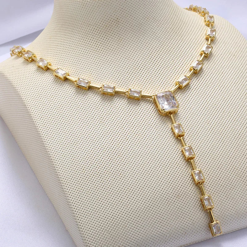 18K Gold Color Brass Rectangle Crystal Necklace for Women Dinner Party Women Necklace Jewelry Fashion Jewelry Wholesale VL198