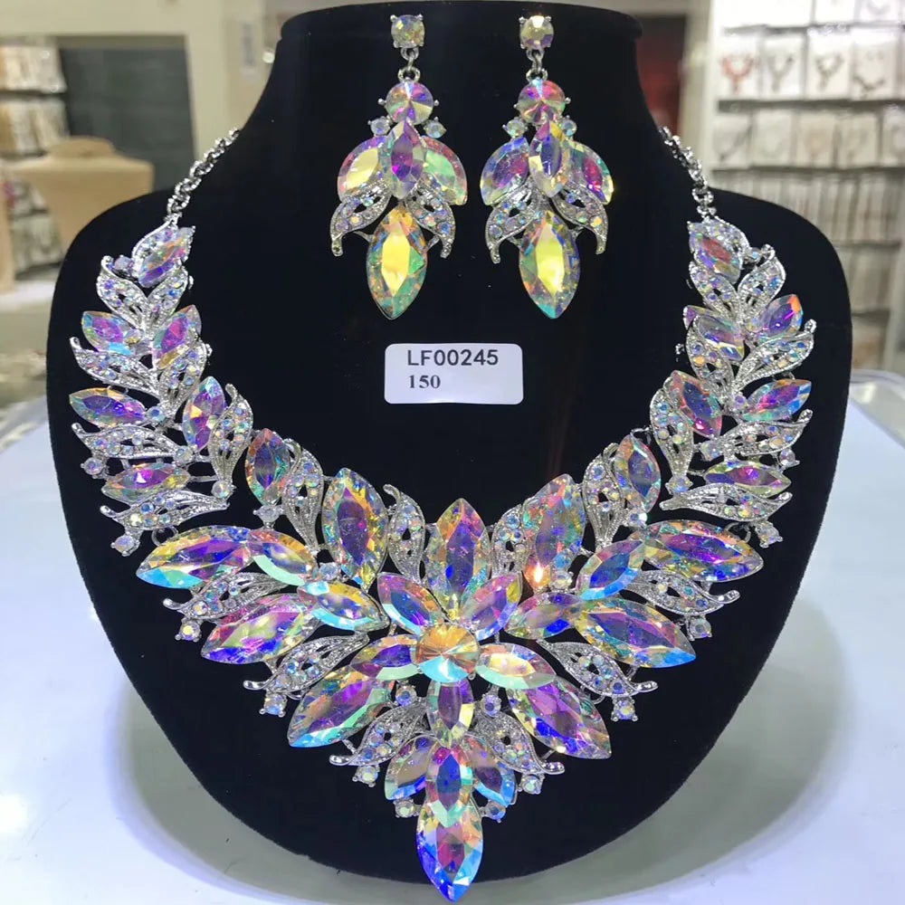 Jewelry Sets Multicolor Bridal Wedding Big Crystal Dubai Gold Color Jewelry Sets For Women Necklace Earrings