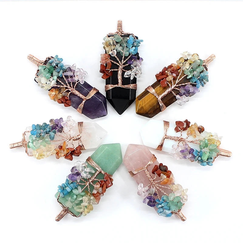 Natural Stone Pendant 7 Chakras Tree Of Life Wire Wrap Sword Crystal Quartz For Jewelry Making Men Women Necklace Accessories