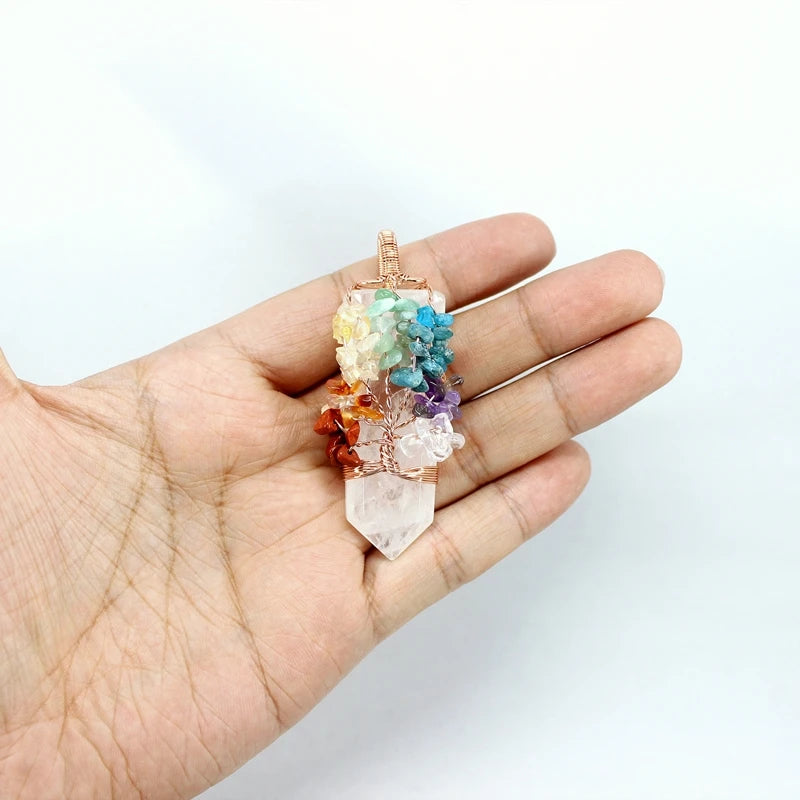 Natural Stone Pendant 7 Chakras Tree Of Life Wire Wrap Sword Crystal Quartz For Jewelry Making Men Women Necklace Accessories