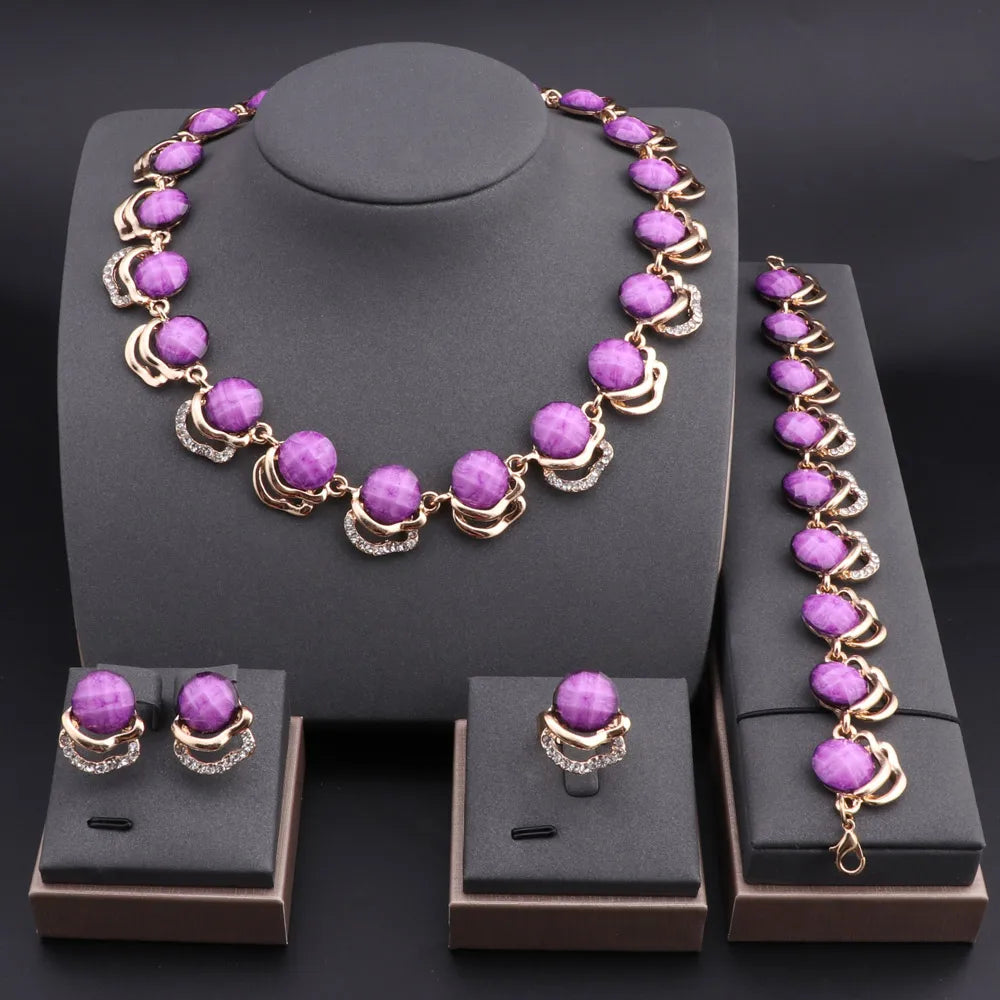 Gold Plated Jewelry Set Vintage Women Necklace Earrings Purple Resin Bracelet And Ring 2024 New Design