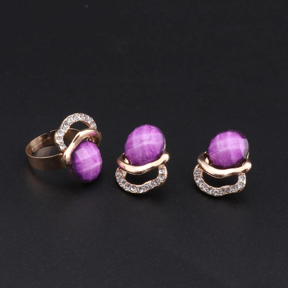 Gold Plated Jewelry Set Vintage Women Necklace Earrings Purple Resin Bracelet And Ring 2024 New Design