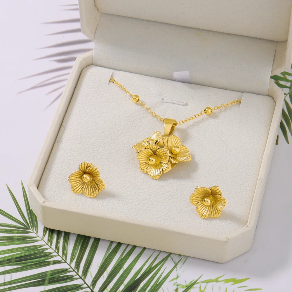 Women Necklace Earrings Jewelry Set Exquisite Flower Pendant Gold Plated Luxury Nigeria Wedding Women's Day Gift