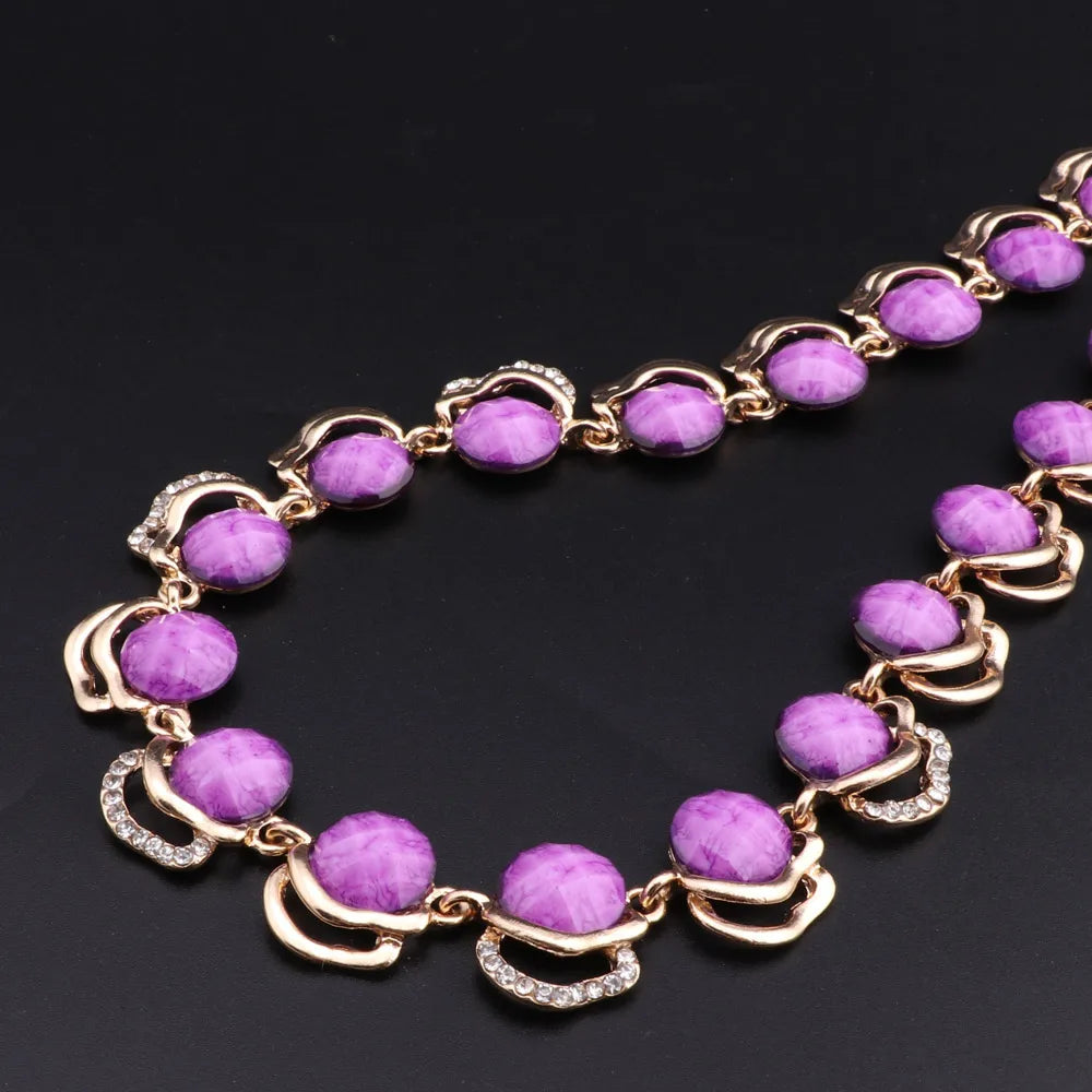 Gold Plated Jewelry Set Vintage Women Necklace Earrings Purple Resin Bracelet And Ring 2024 New Design