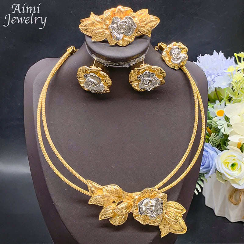 Vintage Flower Golden Choker 18K Gold Plated Jewelry Set Women Necklace Earring Bracelet Ring African Bridal Wedding Party Gifts