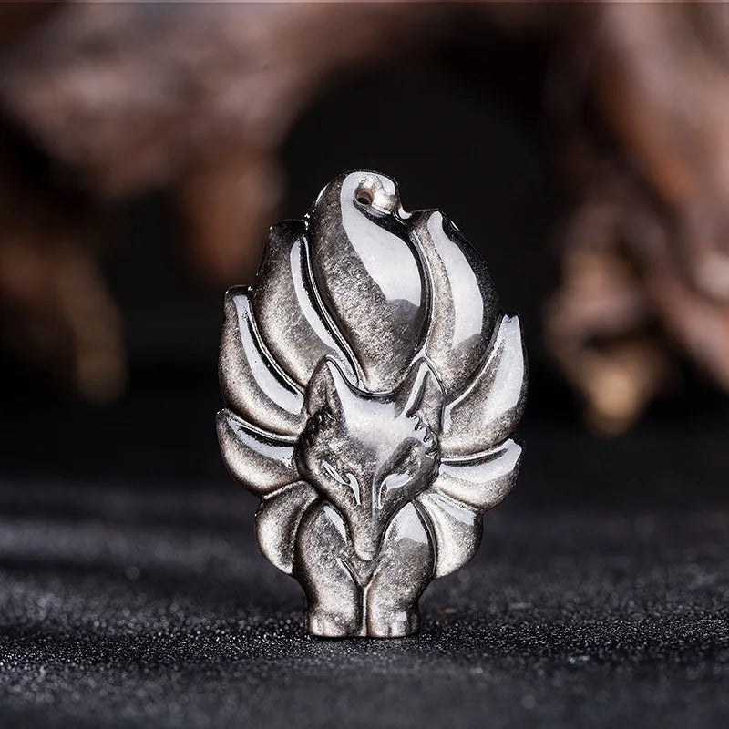 Natural Chinese Rainbow Eye Obsidian Hand Carved Nine Tail Fox Pendant Fashion Jewelry Men and Women Necklace Popular Gift