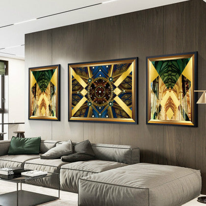 Luxurious golden living room with hanging paintings